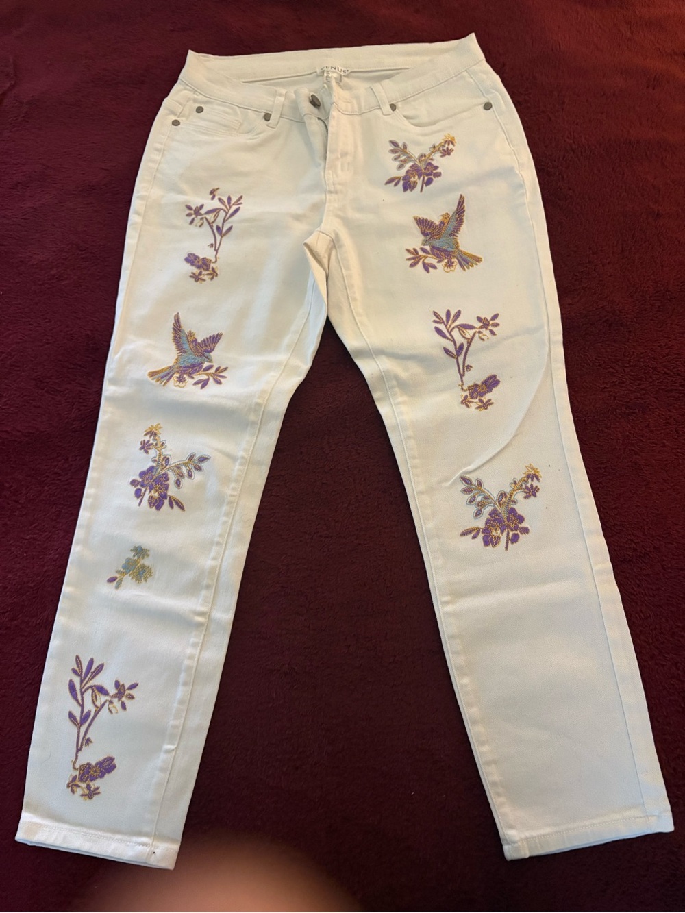 VENUS White Skinny Jeans with Purple & Gold Embroidered Birds